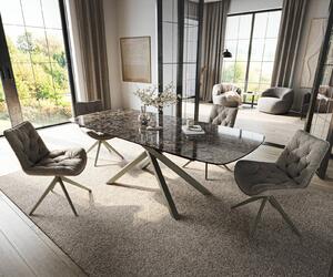 DELIFE Étkezőasztal Edge hajóformájú 180-220x100 cm kerámia emperador extra lucidato sötétbarna kereszt láb téglalap alakú titán színű hatás bővíthető