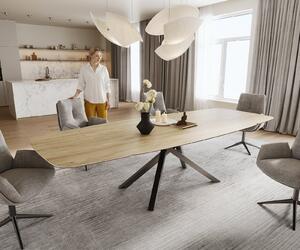 DELIFE Étkezőasztal Edge hajóformájú 200-300x120 cm Laminam® Sabbia kerámia tölgyszínű kereszt láb téglalap alakú rozsdamentes acél grafit kihúzható