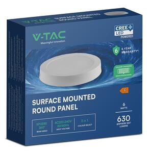 V-TAC CREE SMD felületre szerelhető, műanyag IP20, kerek LED panel 6W, CCT - SKU 78706