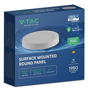 V-TAC CREE SMD felületre szerelhető, műanyag IP20, kerek LED panel 18W, CCT - SKU 78766