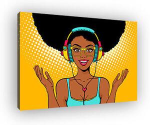 Pop Art - Fekete nő zenét hallgat, fejhallgatóval (vászonkép)