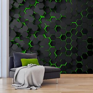 Fotótapéta Egy fekete hatszögek zöld fényekkel, Geometriai 3D fotótapéta, Népszerű fotótapéta, u93618v1 - Tapeko.hu