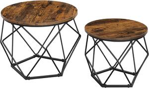 VASAGLE Dohányzóasztal Szett 2 db Kerek Asztal Rusztikus Barna Fekete Geometrikus Acél Vázzal