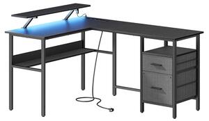 VASAGLE L-alakú Gamer Íróasztal LED Világítással és Monitortartóval Fekete LWD095B01