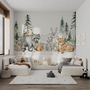 Fotótapéta Erdei állatok csoportja erdei környezetben, fenyőfákkal, Fotótapéta állatok, w00704 : Uwalls.hu