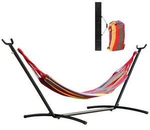 Pamut függőágy acél tartóval, huzattal, többszínű, csíkos, 200x150 cm