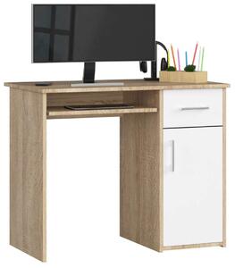 Akord Klasszikus Íróasztal - Sonoma Tölgy/Fehér, 90cm szélességű, 1 fiók, kihúzható billentyűzet polccal, laminált forgácslap, ABS élzárás, önálló összeszerelésre