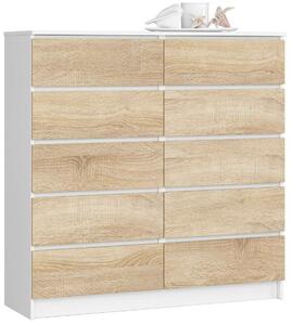 Komód 10 Fiók - Fehér/Sonoma - 120cm