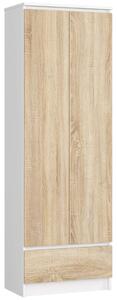 Akord Zárt Álló Szekrény R60 2 Ajtó 1 Fiók, Fehér/Dió Sonoma, 180x60x35 cm, CLP━Összeszerelhető Bútor, ABS Borítás, Laminált Lap, Blokkolt Fiókokkal, 4 Polc