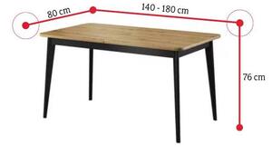PORT-GLUM kinyitható étkezőasztal, 140-180x76x80, dub artisan