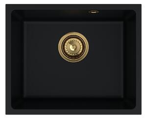 SINK Quality Mosogató minőségi Crypton 55, konyhai gránit mosogató 460x375x205 mm + arany szifon, fekete, SKQ-CRY.C.1KBO.55.XG