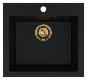 SINK Quality Mosogató Quality Ferrum 50, konyhai gránit mosogató 490x450x195 mm + arany szifon, fekete, SKQ-FER.C.1K50.XG