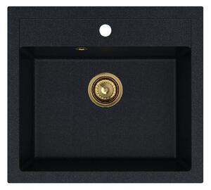 SINK Quality Mosogató Quality Ferrum, konyhai gránit mosogató 565x510x205 mm + arany szifon, fekete foltos-Brocade, SKQ-FER.B.1K60.XG