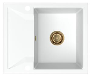 SINK Quality Mosogató Minőségi Obszidián, konyhai gránit mosogató 590x500x210 mm + arany szifon, fehér, SKQ-OBS.W.1KKO.XG