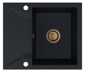 SINK Quality Mosogató Minőségi Obszidián, konyhai gránit mosogató 590x500x210 mm + arany szifon, fekete foltos-Brocade, SKQ-OBS.B.1KKO.XG
