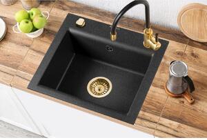 Invena Tesalia, 1 kamrás gránit mosogató 440x480x160 mm és Glamour mosogató csaptelep, fekete-arany, INV-AZ-01-Z41-SET