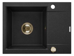 Invena Tesalia, 1 kamrás gránit mosogató vízelvezetővel 590x440x160 mm és arany automata szifonnal, INV-AZ-01-Z42-B