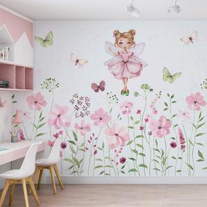 Fotótapéta Akvarell egy tündér rózsaszín ruhában, virágokkal körülvéve, Modern fotótapéta, Modern fotótapéta, w01460 - Muralas.hu