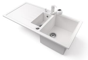 Gránit mosogató - Nero Solarys + kihúzható zuhanyfejes Shower csaptelep + adagoló + dugókiemelő (fehér)