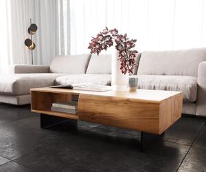 DELIFE Dohányzóasztal New Live-Edge 115x60 cm akác természetes 2 fiók 1 rekesz lebegő fém láb fekete
