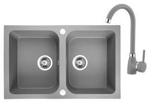 Laveo Celia, 2 kamrás gránit mosogató 760x480x184 mm + mosogató csaptelep U alakú kifolyóval, szürke, LAV-SBCE520T