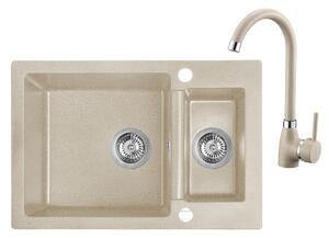 Laveo Celia, 1,5 kamrás gránit mosogató 650x440x195 mm + mosogató csaptelep U alakú kifolyóval, bézs, LAV-SJCA430T