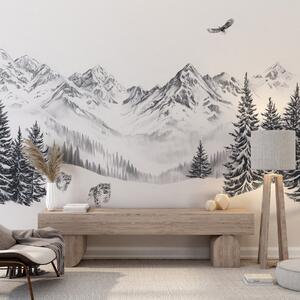 Fotótapéta Téli hegyek, hóleopárdok, fenyőerdő, ceruzarajz, repülő sas, Természet fotótapéta, w02360 : Uwalls.hu