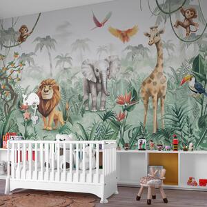 Fotótapéta Gyermek dzsungel design oroszlánnal, zsiráffal, elefánttal és papagájokkal, Fotótapéta állatok, w02440 : Uwalls.hu