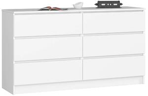 Akord - 140 cm széles, 6 fiókos fehér laminált álló szekrény, ABS élzárással, önszerelő bútor, 77 cm magasság, 40 cm mélység, 16 mm vastag lapanyag, modern matt kivitel