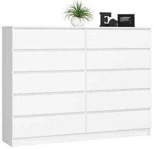 Akord - Fehér CLP 160 cm Komód, 10 Fiokkal, Laminált Deszkával és ABS Élzáróval, Összeszerelhető Bútor, Modern Matt Felület, Blokkolható Fiokokkal