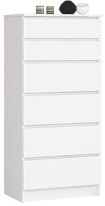 Akord - Fehér Mat Fiókos Komód 6 Fiókkal, CLP Rendszer, 60x130x40 cm, Összeszerelhető Bútor, ABS Szegéllyel, Laminált Lemez, Biztosított Fiókokkal
