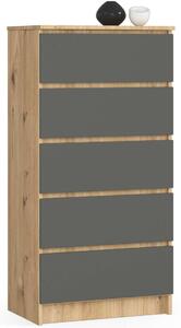 Akord Komód K60 5 Fiókkal, Dió Artisan és Szürke Színű, 121x60x40 cm Szélességgel és Mat Jelenléttel