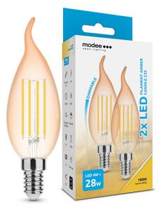 LED lámpa , égő , 2 db , izzószálas hatás , filament , gyertya , E14 foglalat , C35 , 4 Watt , dimmelhető , meleg fehér , 1800K , borostyán sárga , Modee