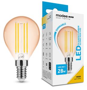 LED lámpa , égő , izzószálas hatás , filament , E14 foglalat , G45 , 4 Watt , dimmelhető , meleg fehér , 1800K , borostyán sárga , Modee