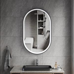 Erga Gwen, ovális LED tükör 50x80cm fekete fém keretben, 3 világos szín, elülső világítás, páramentes fűtőpárna, ERG-V01-GWEN-5080-BK