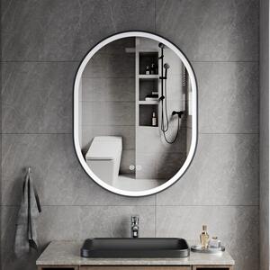 Erga Gwen, ovális LED tükör 60x80cm fekete fém keretben, 3 világos szín, elülső világítás, páramentes fűtőpárna, ERG-V01-GWEN-6080-BK