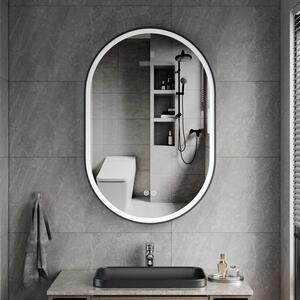 Erga Gwen, ovális LED tükör 60x90cm fekete fém keretben, 3 világos szín, elülső világítás, páramentes fűtőpárna, ERG-V01-GWEN-6090-BK