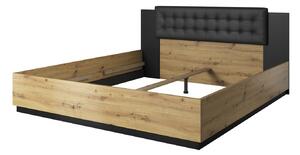 LJUBA kárpitozott ágy fejtámlával - 140x200, artisan tölgy / szupermatt fekete