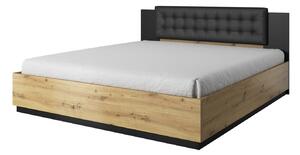 LJUBA kárpitozott ágy fejtámlával - 140x200, artisan tölgy / szupermatt fekete