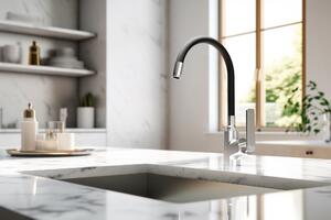 Invena Ligaria, magas mosogatós csaptelep elasztikus karral, Eco Start rendszerrel, matt króm-fekete, INV-BZ-39-008-L