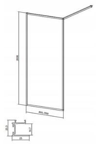 Cersanit Larga, Walk-In zuhany paraván 90x200 cm, 8mm átlátszó üveg, króm profil, S932-135