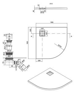 Cersanit Tako Slim, negyedkör alakú akril zuhanytálca 90x90x4 cm + fekete szifon, fekete, S932-164