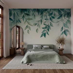 Fotótapéta zöld akvarell stílusú levelek lógnak a tetejéről, Természet fotótapéta, Fotótapéta természet levelek, w03024 : Uwalls.hu