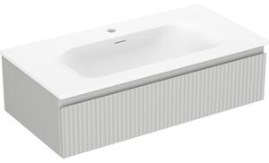 Mexen Rivel, fürdőszobaszekrény 90 cm Vela mosdóval, 1 fiókkal, rovátkolt, matt szürke/matt fehér, 91A20-09023-1-BF62-W23M01
