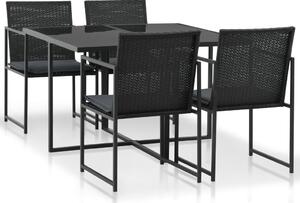 5-részes fekete polyrattan kültéri étkezőszett párnákkal