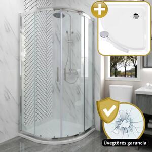 HD Elio 90x90 íves két tolóajtós zuhanykabin zuhanytálcával és króm szifonnal, krómozott elemekkel, 190 cm magas