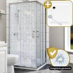 HD Elio 90x90 szögletes két tolóajtós zuhanykabin zuhanytálcával és króm szifonnal, krómozott elemekkel, 190 cm magas