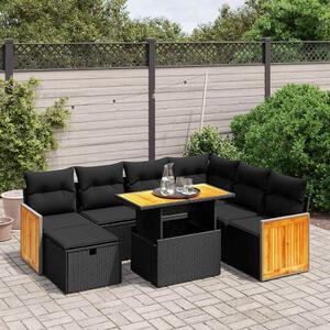 8 részes fekete polyrattan kerti ülőgarnitúra párnákkal