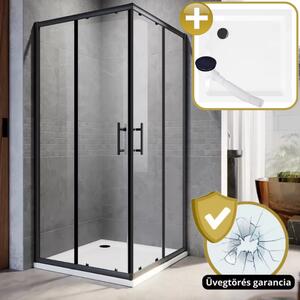 Homedepo Elio Black 90x90 szögletes két tolóajtós zuhanykabin zuhanytálcával és fekete szifonnal, fekete elemekkel, 190 cm magas