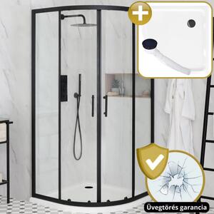 Homedepo Elio Black 80x80 íves két tolóajtós zuhanykabin zuhanytálcával és fekete szifonnal, fekete elemekkel, 190 cm magas